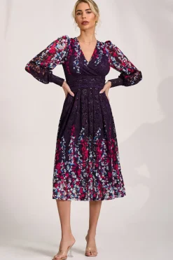 Jolie Moi Occasion Dresses|Signature Lace-Long Sleeve Printed Lace Midi Dress, Purple Multi