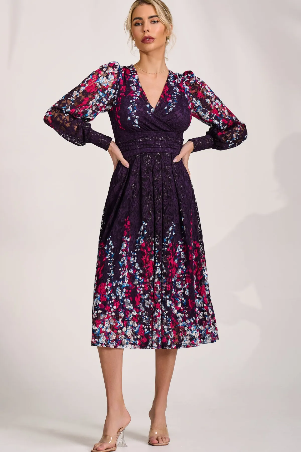 Jolie Moi Occasion Dresses|Signature Lace-Long Sleeve Printed Lace Midi Dress, Purple Multi