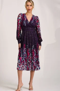 Jolie Moi Occasion Dresses|Signature Lace-Long Sleeve Printed Lace Midi Dress, Purple Multi