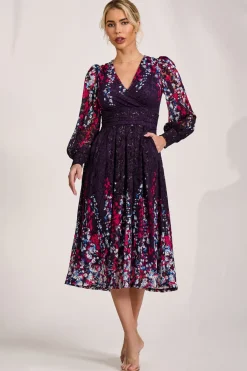 Jolie Moi Occasion Dresses|Signature Lace-Long Sleeve Printed Lace Midi Dress, Purple Multi