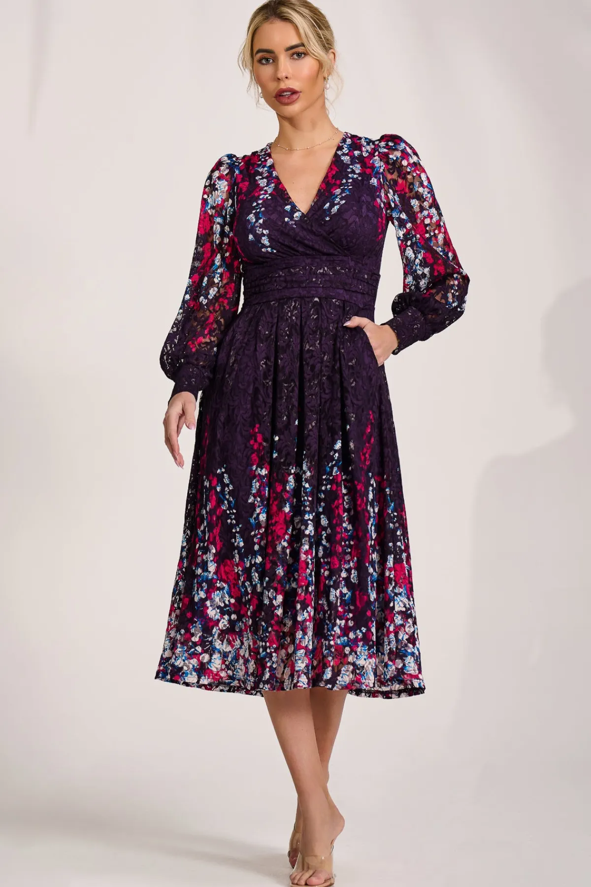 Jolie Moi Occasion Dresses|Signature Lace-Long Sleeve Printed Lace Midi Dress, Purple Multi