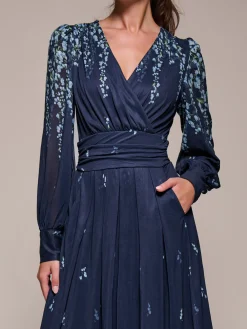 Jolie Moi Occasion Dresses|Floral Dresses-Long Sleeve Printed Mesh Midaxi Dress, Blue Floral