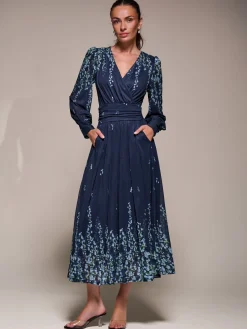 Jolie Moi Occasion Dresses|Floral Dresses-Long Sleeve Printed Mesh Midaxi Dress, Blue Floral