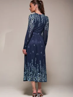 Jolie Moi Occasion Dresses|Floral Dresses-Long Sleeve Printed Mesh Midaxi Dress, Blue Floral
