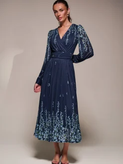 Jolie Moi Occasion Dresses|Floral Dresses-Long Sleeve Printed Mesh Midaxi Dress, Blue Floral