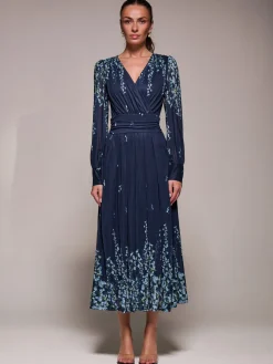 Jolie Moi Occasion Dresses|Floral Dresses-Long Sleeve Printed Mesh Midaxi Dress, Blue Floral