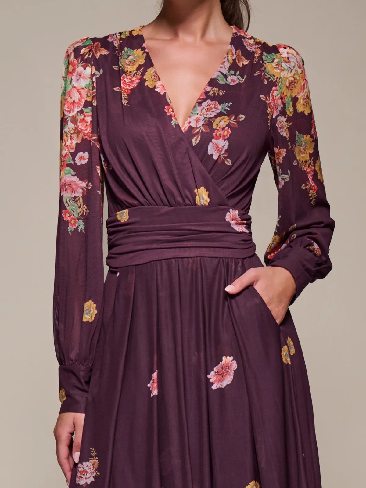 Jolie Moi Occasion Dresses|Floral Dresses-Long Sleeve Printed Mesh Midaxi Dress, Burgundy Floral