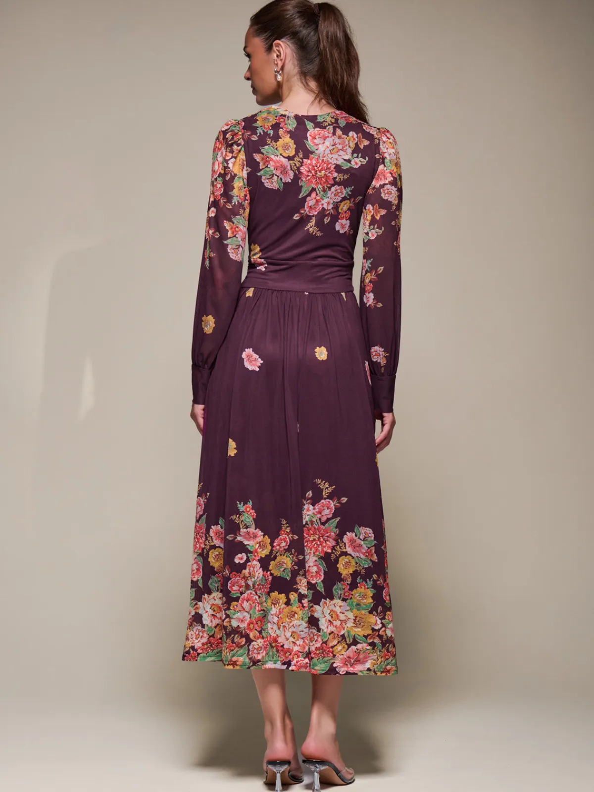 Jolie Moi Occasion Dresses|Floral Dresses-Long Sleeve Printed Mesh Midaxi Dress, Burgundy Floral
