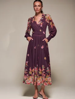 Jolie Moi Occasion Dresses|Floral Dresses-Long Sleeve Printed Mesh Midaxi Dress, Burgundy Floral