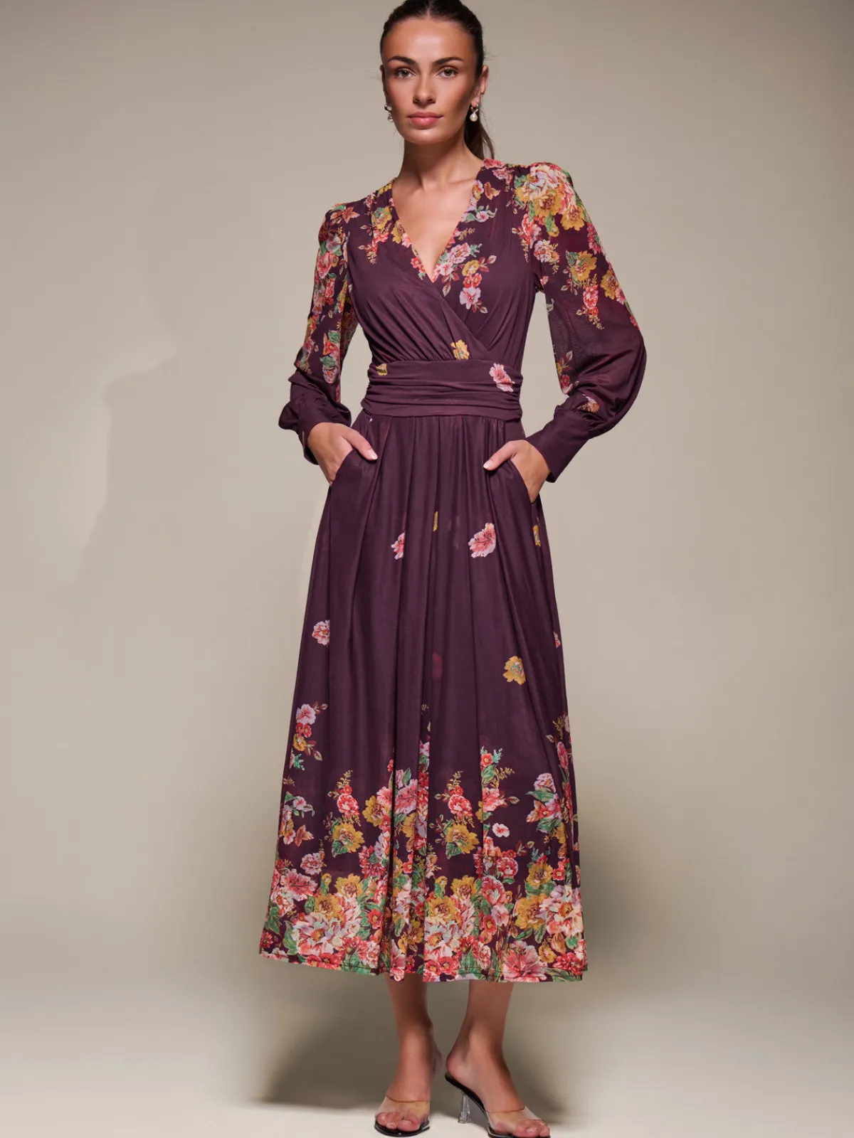 Jolie Moi Occasion Dresses|Floral Dresses-Long Sleeve Printed Mesh Midaxi Dress, Burgundy Floral