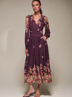 Jolie Moi Occasion Dresses|Floral Dresses-Long Sleeve Printed Mesh Midaxi Dress, Burgundy Floral