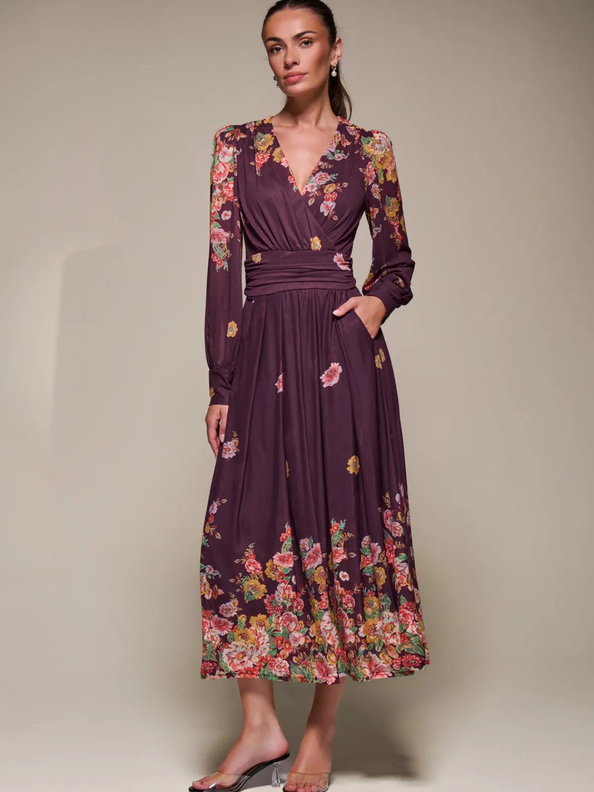 Jolie Moi Occasion Dresses|Floral Dresses-Long Sleeve Printed Mesh Midaxi Dress, Burgundy Floral