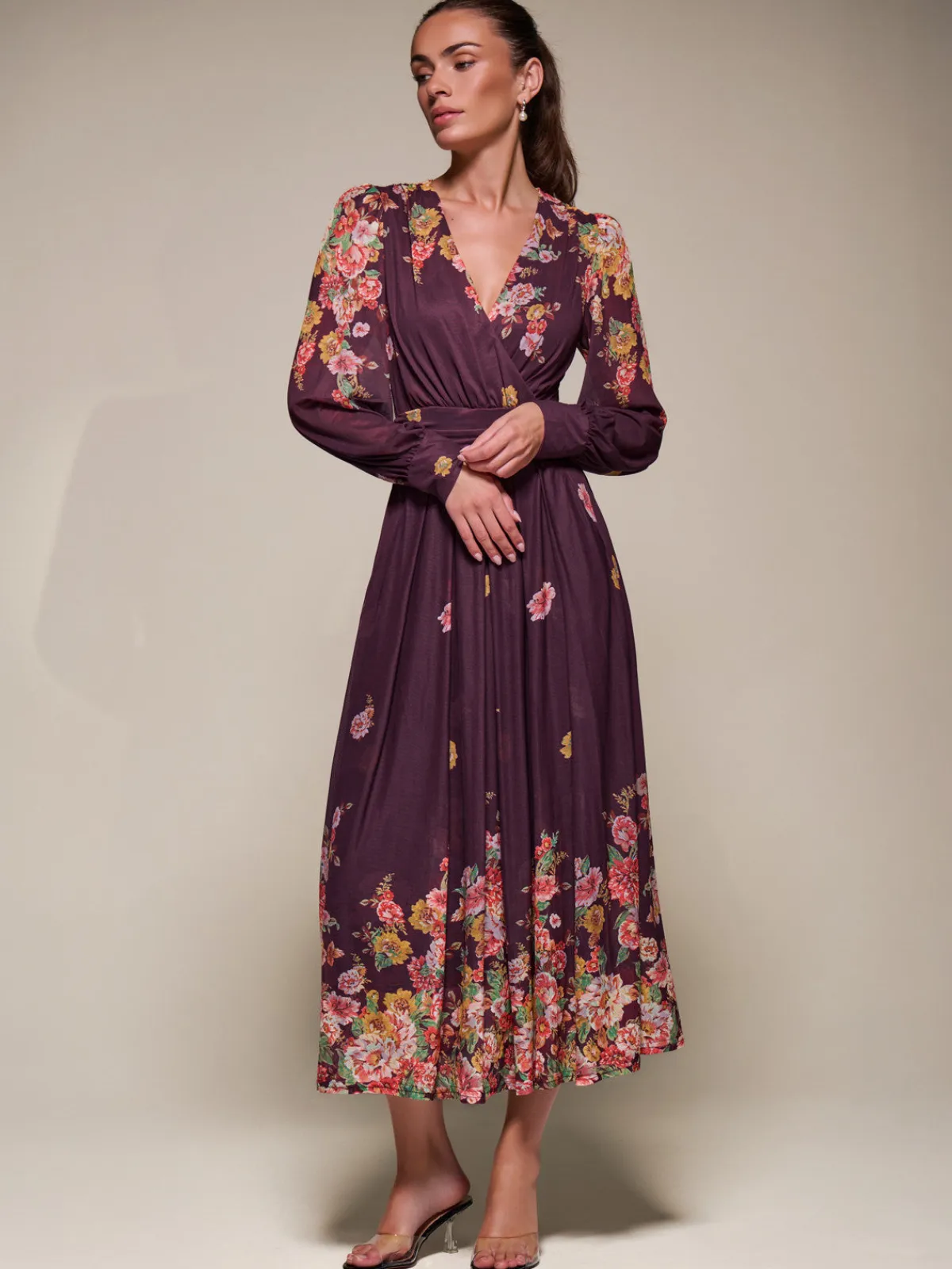 Jolie Moi Occasion Dresses|Floral Dresses-Long Sleeve Printed Mesh Midaxi Dress, Burgundy Floral