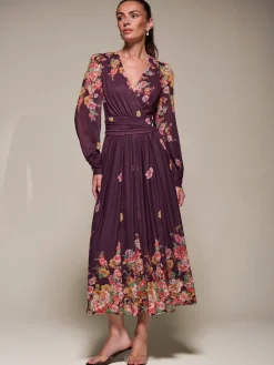 Jolie Moi Occasion Dresses|Floral Dresses-Long Sleeve Printed Mesh Midaxi Dress, Burgundy Floral