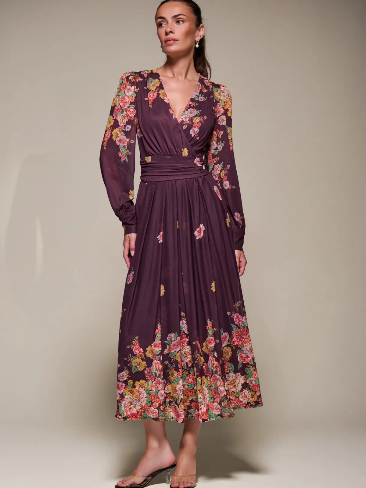 Jolie Moi Occasion Dresses|Floral Dresses-Long Sleeve Printed Mesh Midaxi Dress, Burgundy Floral