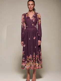 Jolie Moi Occasion Dresses|Floral Dresses-Long Sleeve Printed Mesh Midaxi Dress, Burgundy Floral