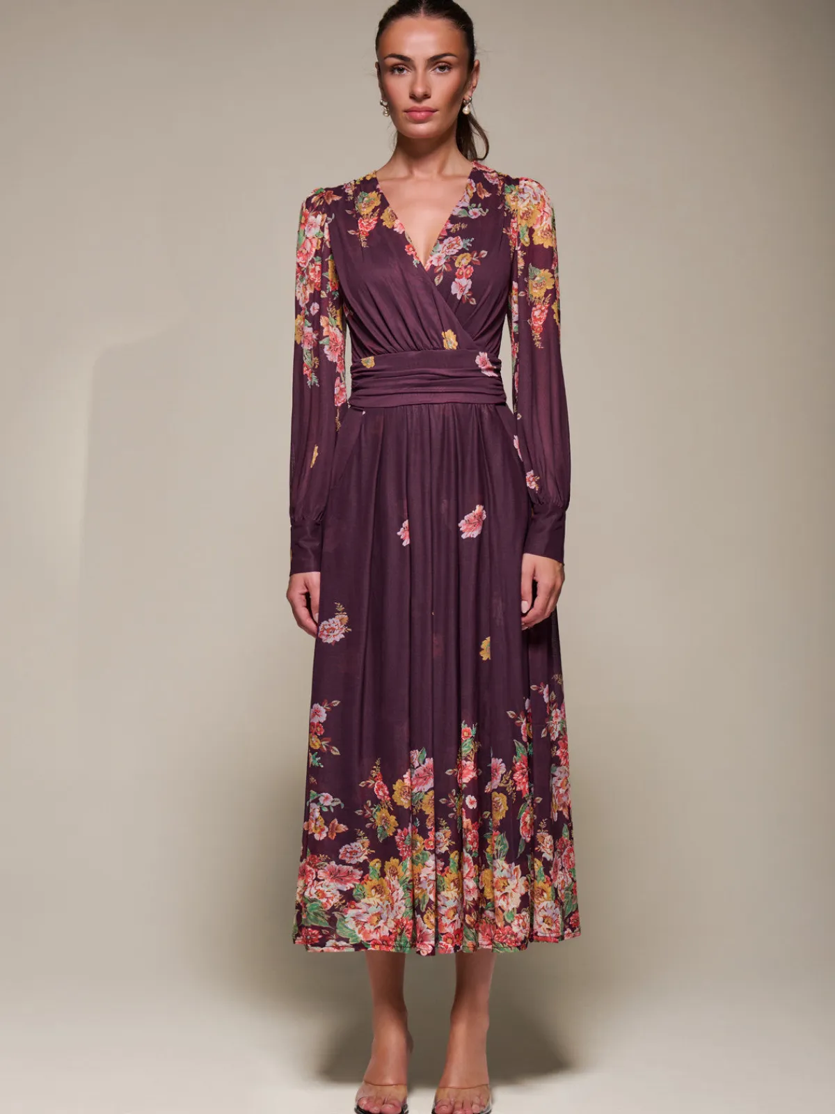Jolie Moi Occasion Dresses|Floral Dresses-Long Sleeve Printed Mesh Midaxi Dress, Burgundy Floral