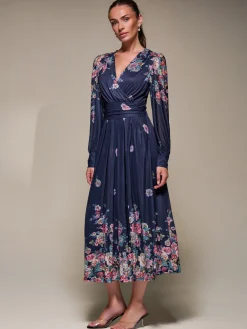 Jolie Moi Occasion Dresses|Mesh Dresses-Long Sleeve Printed Mesh Midaxi Dress, Navy Floral