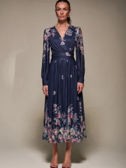 Jolie Moi Occasion Dresses|Mesh Dresses-Long Sleeve Printed Mesh Midaxi Dress, Navy Floral