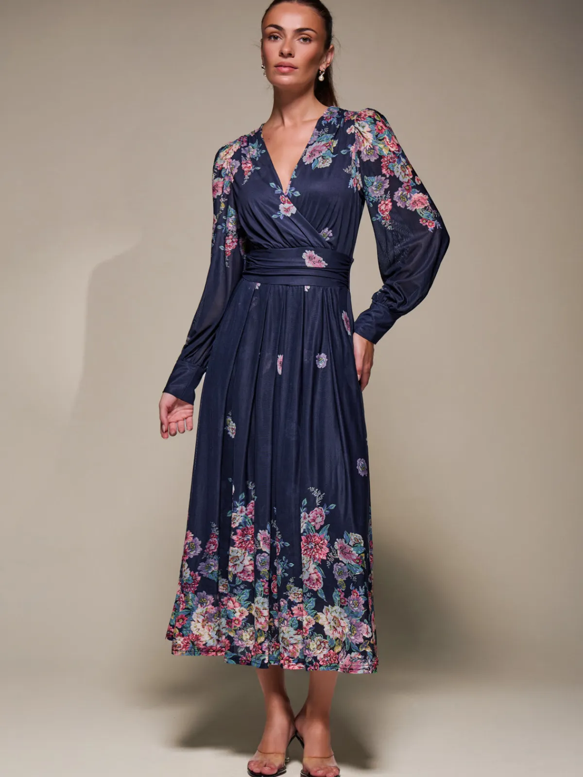 Jolie Moi Occasion Dresses|Mesh Dresses-Long Sleeve Printed Mesh Midaxi Dress, Navy Floral