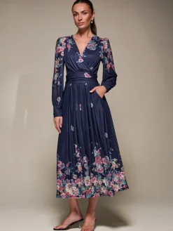 Jolie Moi Occasion Dresses|Mesh Dresses-Long Sleeve Printed Mesh Midaxi Dress, Navy Floral
