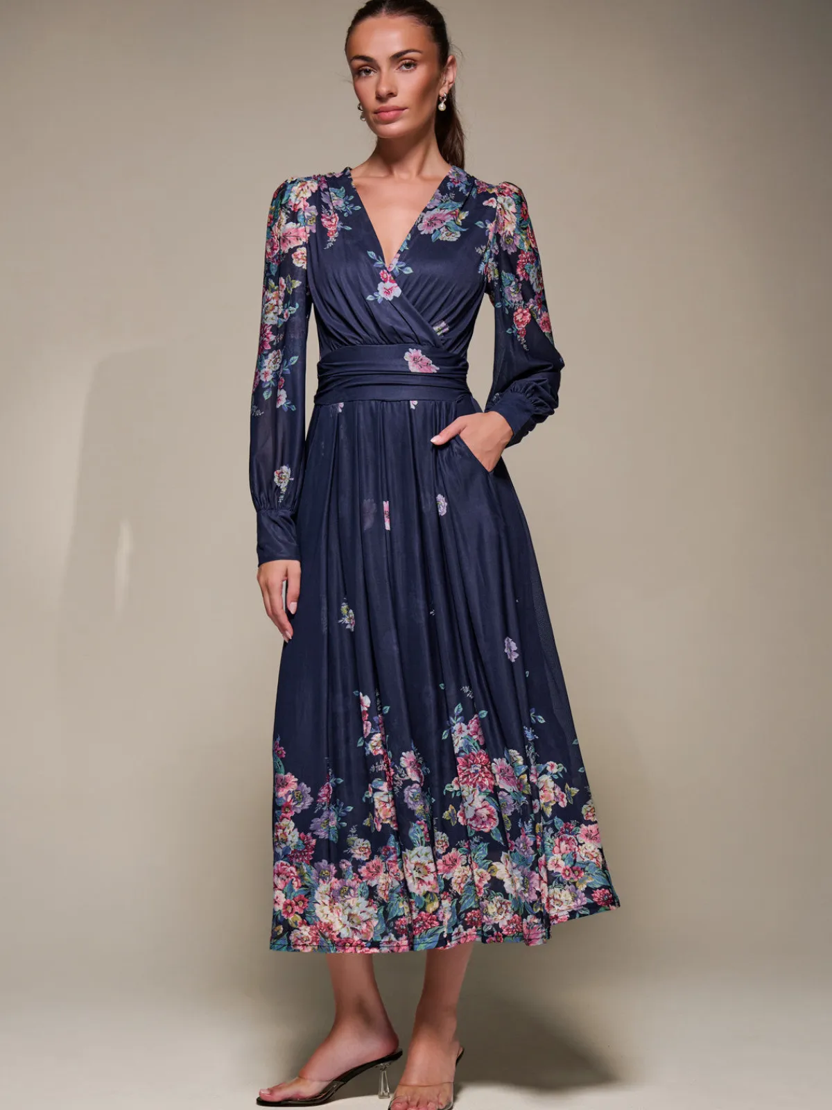 Jolie Moi Occasion Dresses|Mesh Dresses-Long Sleeve Printed Mesh Midaxi Dress, Navy Floral