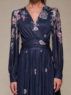 Jolie Moi Occasion Dresses|Mesh Dresses-Long Sleeve Printed Mesh Midaxi Dress, Navy Floral