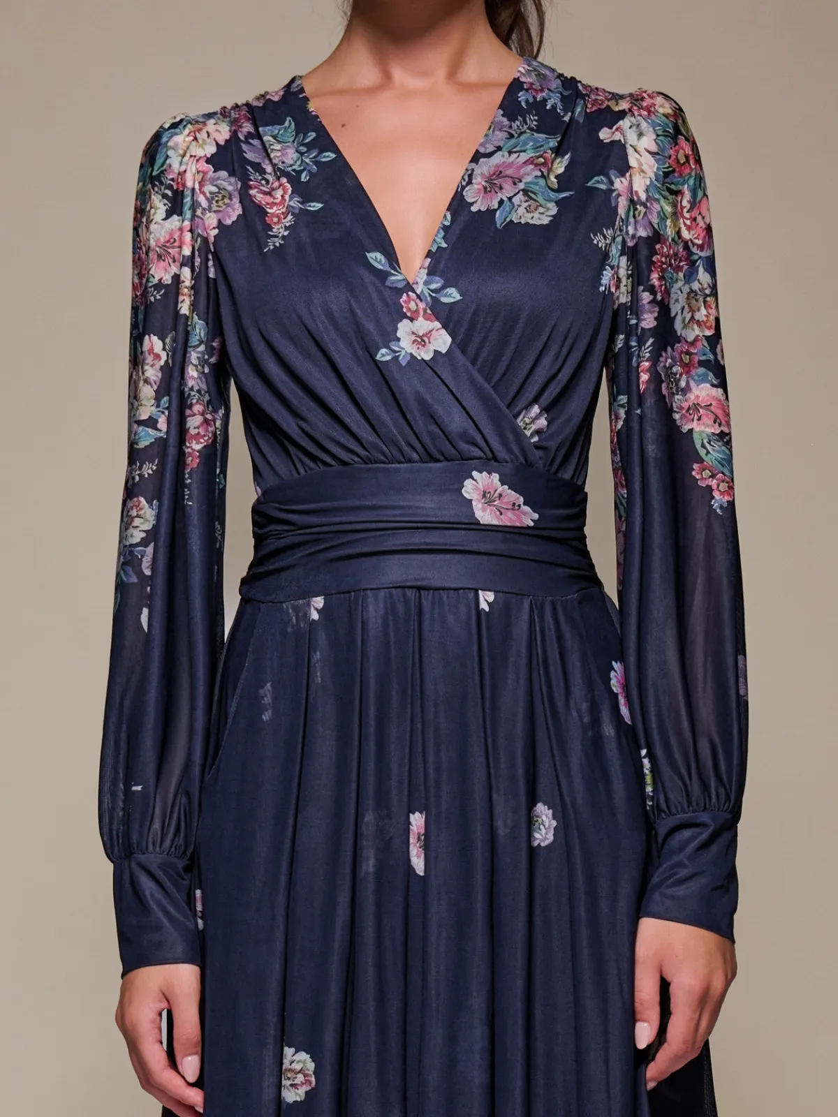 Jolie Moi Occasion Dresses|Mesh Dresses-Long Sleeve Printed Mesh Midaxi Dress, Navy Floral