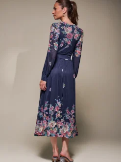 Jolie Moi Occasion Dresses|Mesh Dresses-Long Sleeve Printed Mesh Midaxi Dress, Navy Floral