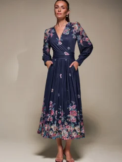 Jolie Moi Occasion Dresses|Mesh Dresses-Long Sleeve Printed Mesh Midaxi Dress, Navy Floral