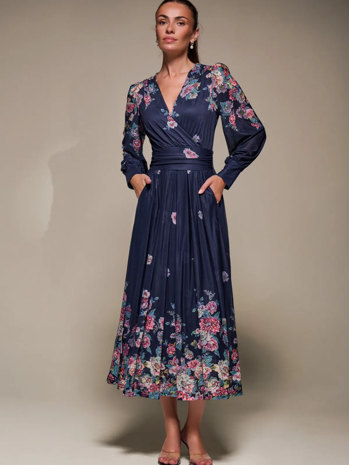 Jolie Moi Occasion Dresses|Mesh Dresses-Long Sleeve Printed Mesh Midaxi Dress, Navy Floral