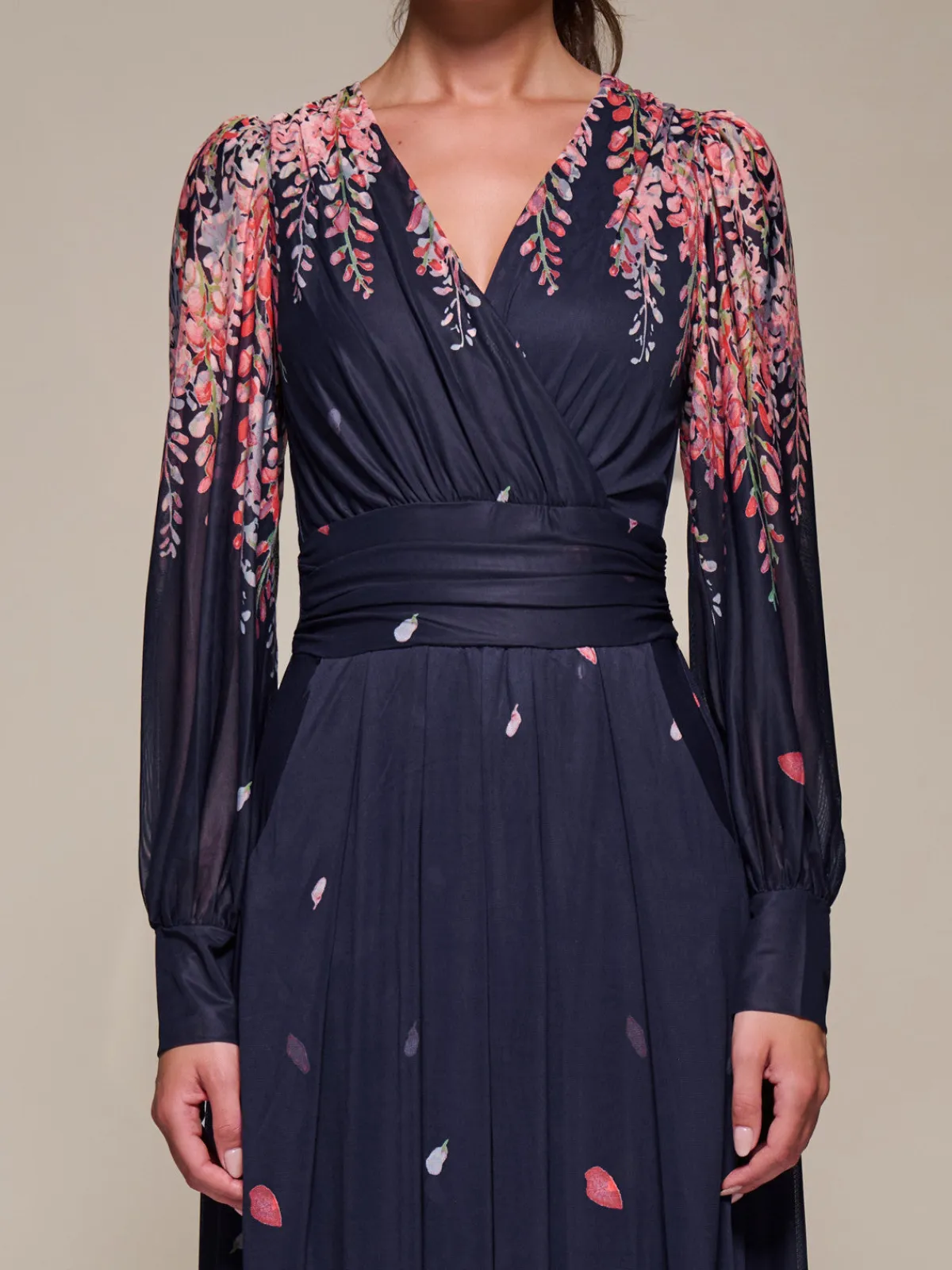 Jolie Moi Occasion Dresses|Floral Dresses-Long Sleeve Printed Mesh Midaxi Dress, Pink Leaf