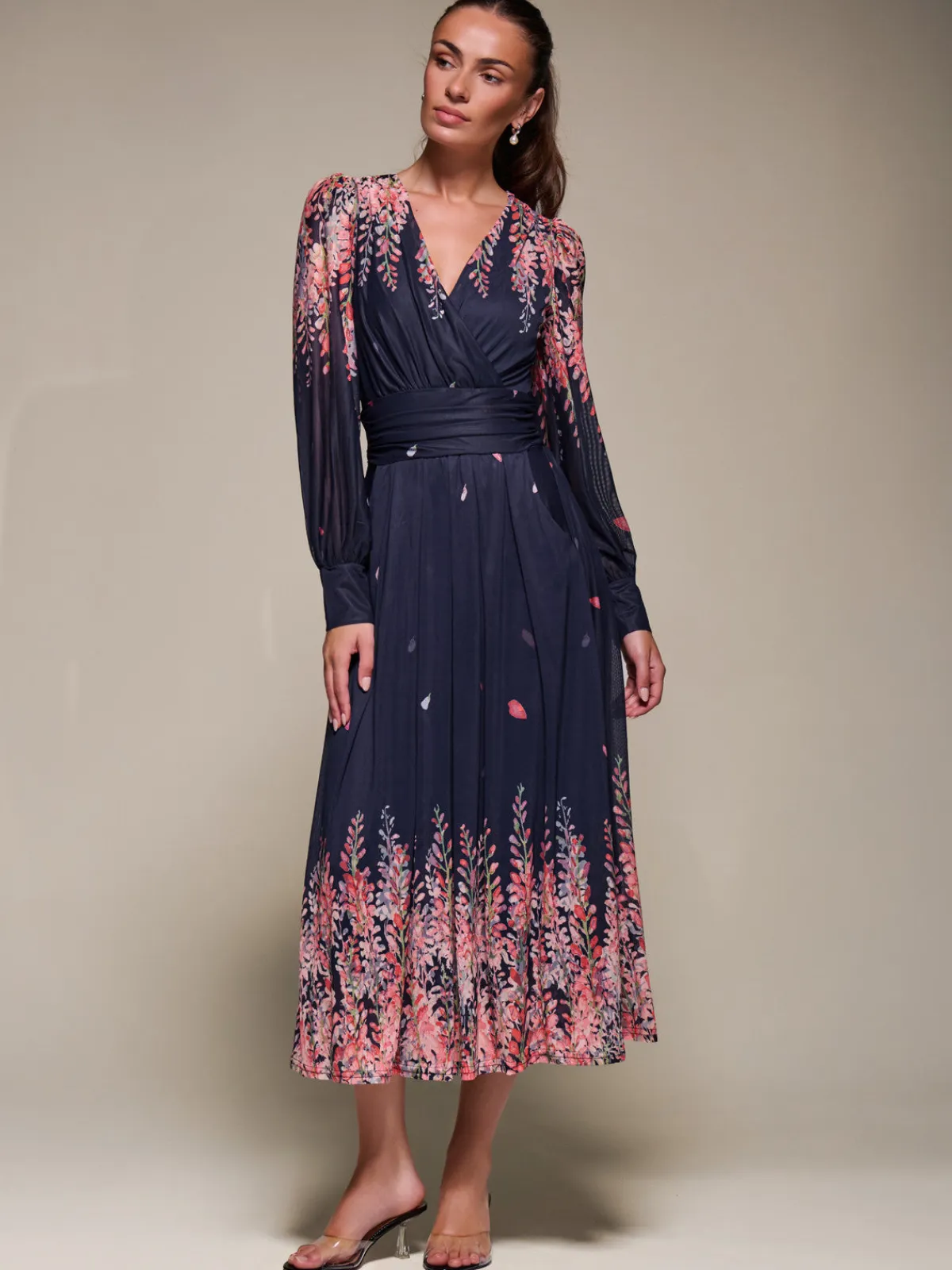 Jolie Moi Occasion Dresses|Floral Dresses-Long Sleeve Printed Mesh Midaxi Dress, Pink Leaf
