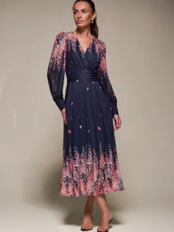 Jolie Moi Occasion Dresses|Floral Dresses-Long Sleeve Printed Mesh Midaxi Dress, Pink Leaf