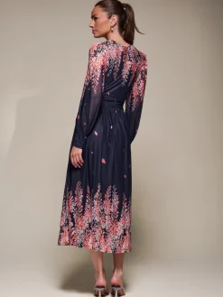 Jolie Moi Occasion Dresses|Floral Dresses-Long Sleeve Printed Mesh Midaxi Dress, Pink Leaf