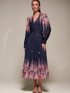 Jolie Moi Occasion Dresses|Floral Dresses-Long Sleeve Printed Mesh Midaxi Dress, Pink Leaf