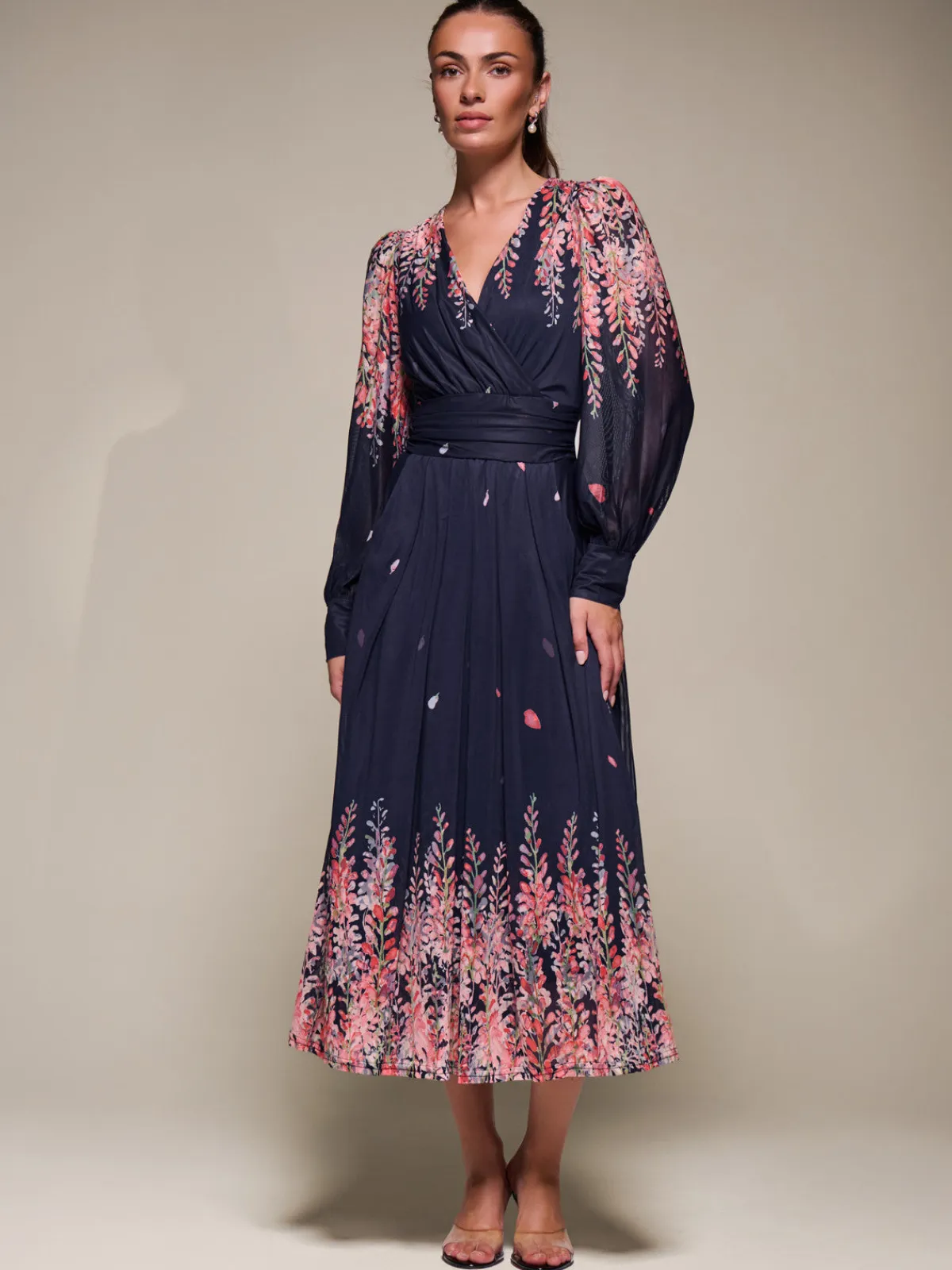 Jolie Moi Occasion Dresses|Floral Dresses-Long Sleeve Printed Mesh Midaxi Dress, Pink Leaf