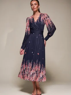Jolie Moi Occasion Dresses|Floral Dresses-Long Sleeve Printed Mesh Midaxi Dress, Pink Leaf