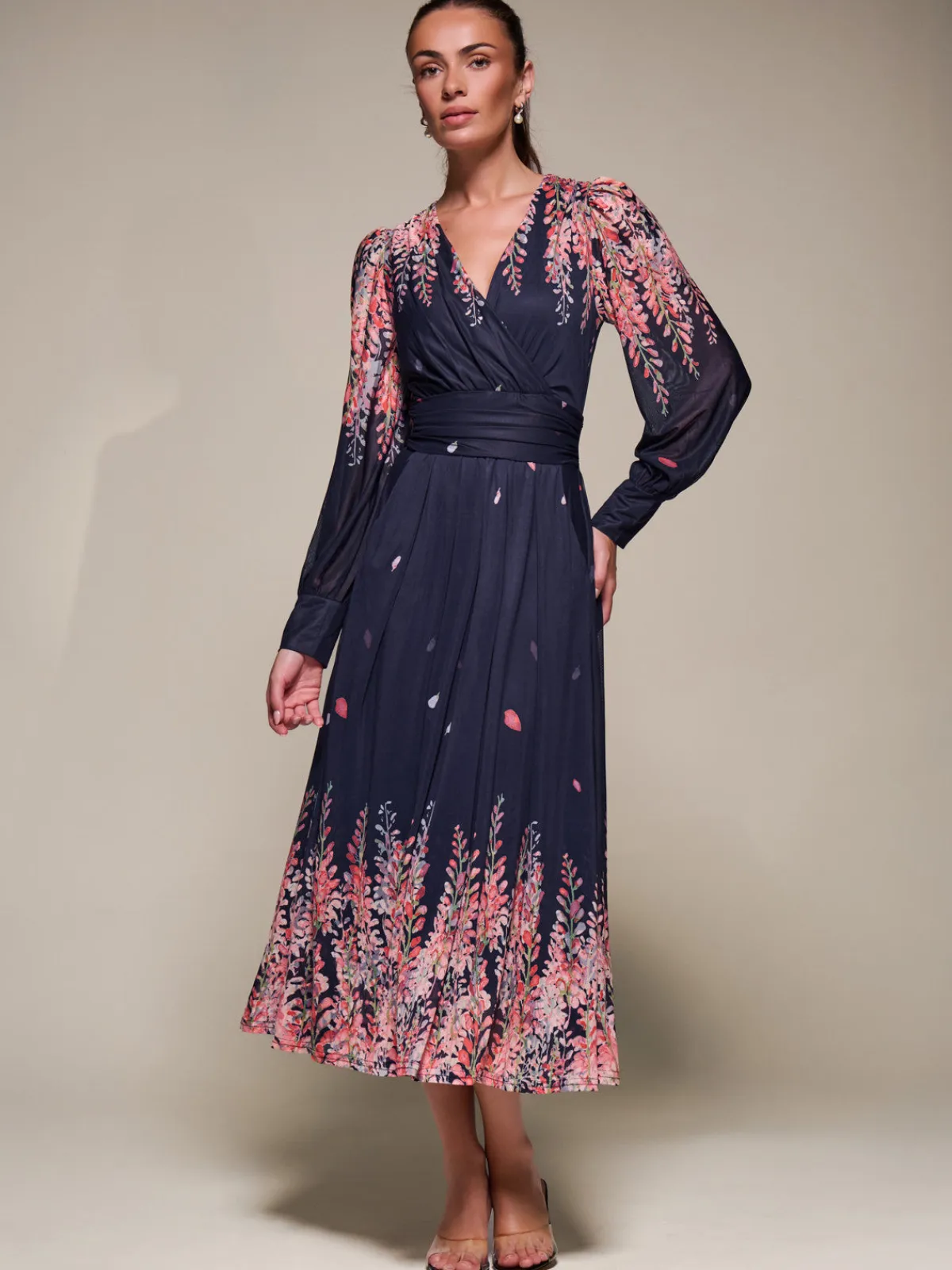 Jolie Moi Occasion Dresses|Floral Dresses-Long Sleeve Printed Mesh Midaxi Dress, Pink Leaf