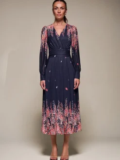 Jolie Moi Occasion Dresses|Floral Dresses-Long Sleeve Printed Mesh Midaxi Dress, Pink Leaf