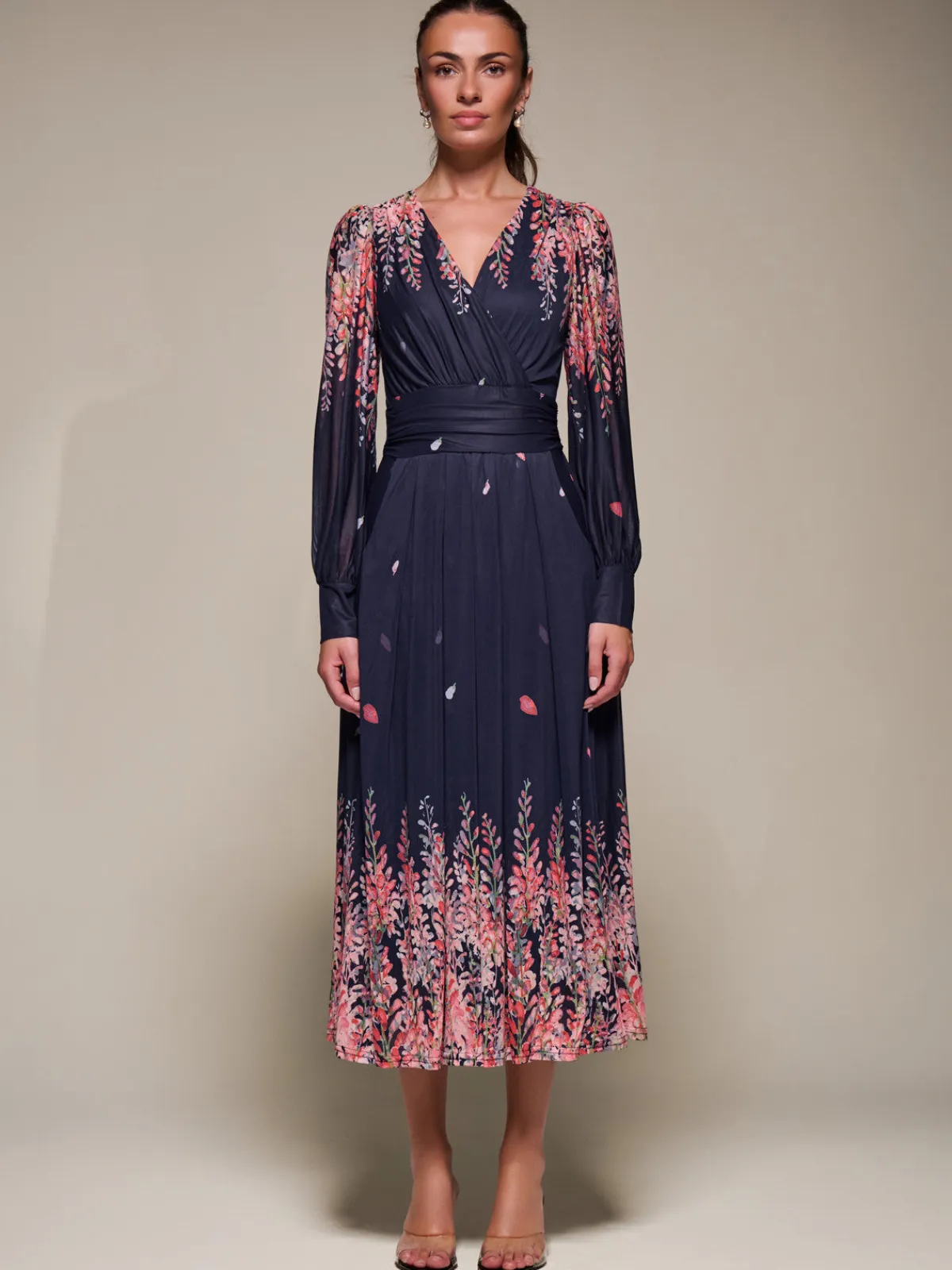 Jolie Moi Occasion Dresses|Floral Dresses-Long Sleeve Printed Mesh Midaxi Dress, Pink Leaf