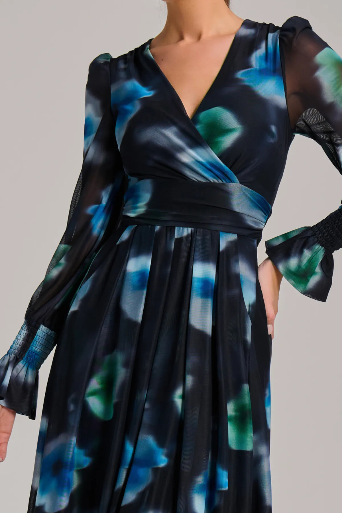 Jolie Moi Occasion Dresses|Floral Dresses-Long Sleeve Printed Mesh Midi Dress, Floral Multi