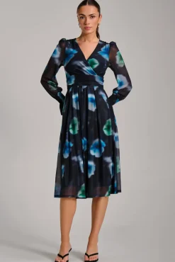 Jolie Moi Occasion Dresses|Floral Dresses-Long Sleeve Printed Mesh Midi Dress, Floral Multi