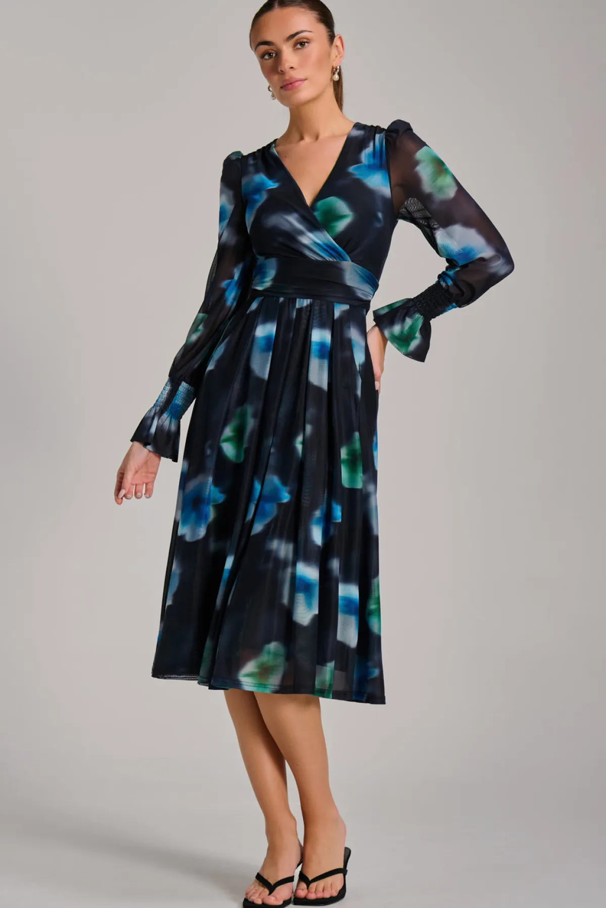 Jolie Moi Occasion Dresses|Floral Dresses-Long Sleeve Printed Mesh Midi Dress, Floral Multi