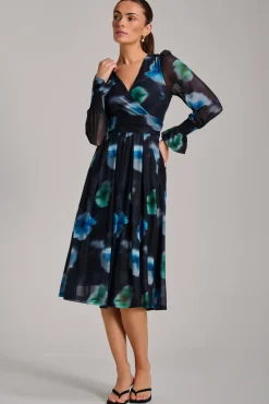 Jolie Moi Occasion Dresses|Floral Dresses-Long Sleeve Printed Mesh Midi Dress, Floral Multi