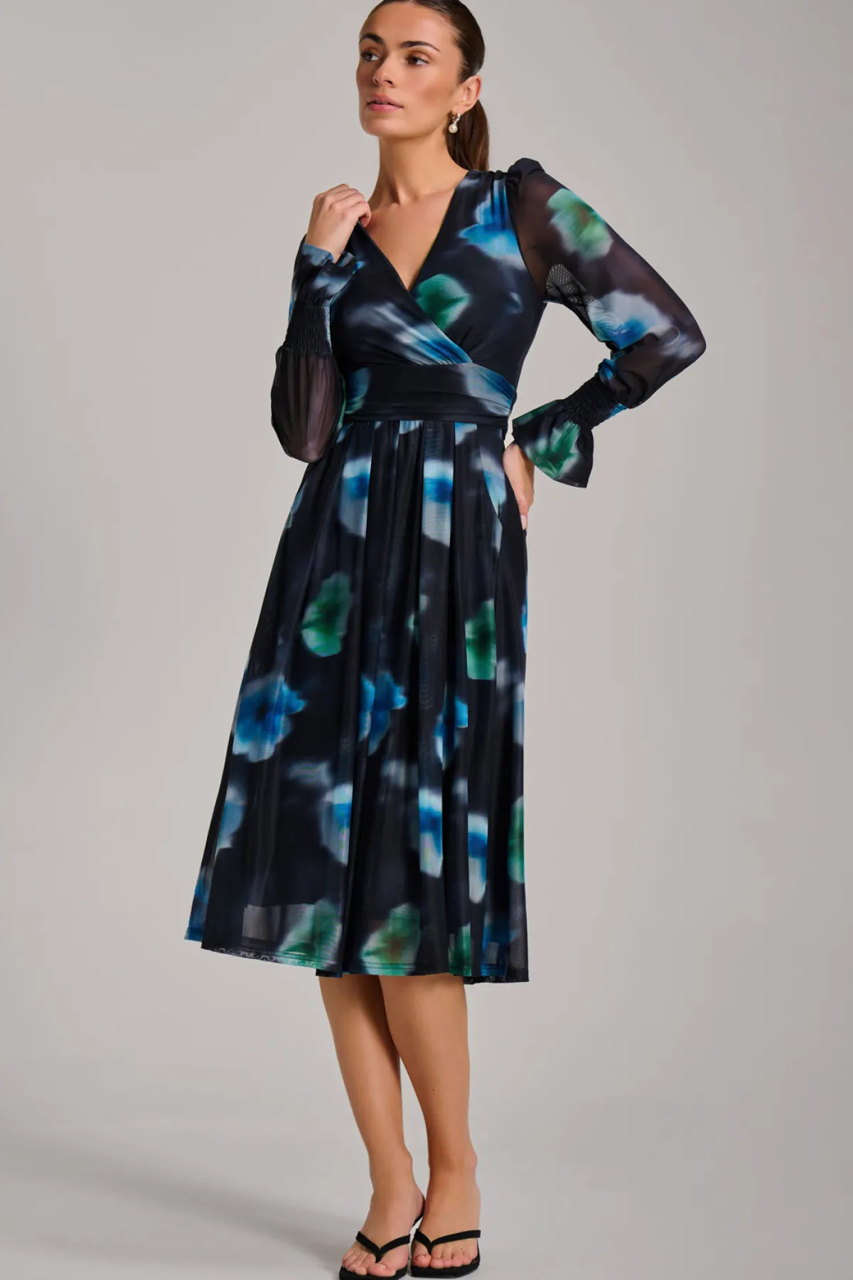 Jolie Moi Occasion Dresses|Floral Dresses-Long Sleeve Printed Mesh Midi Dress, Floral Multi