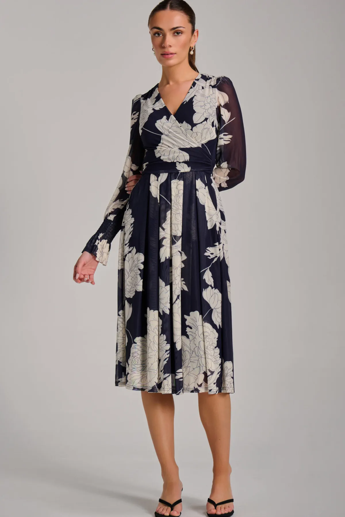 Jolie Moi Occasion Dresses|Floral Dresses-Long Sleeve Printed Mesh Midi Dress, Navy Floral