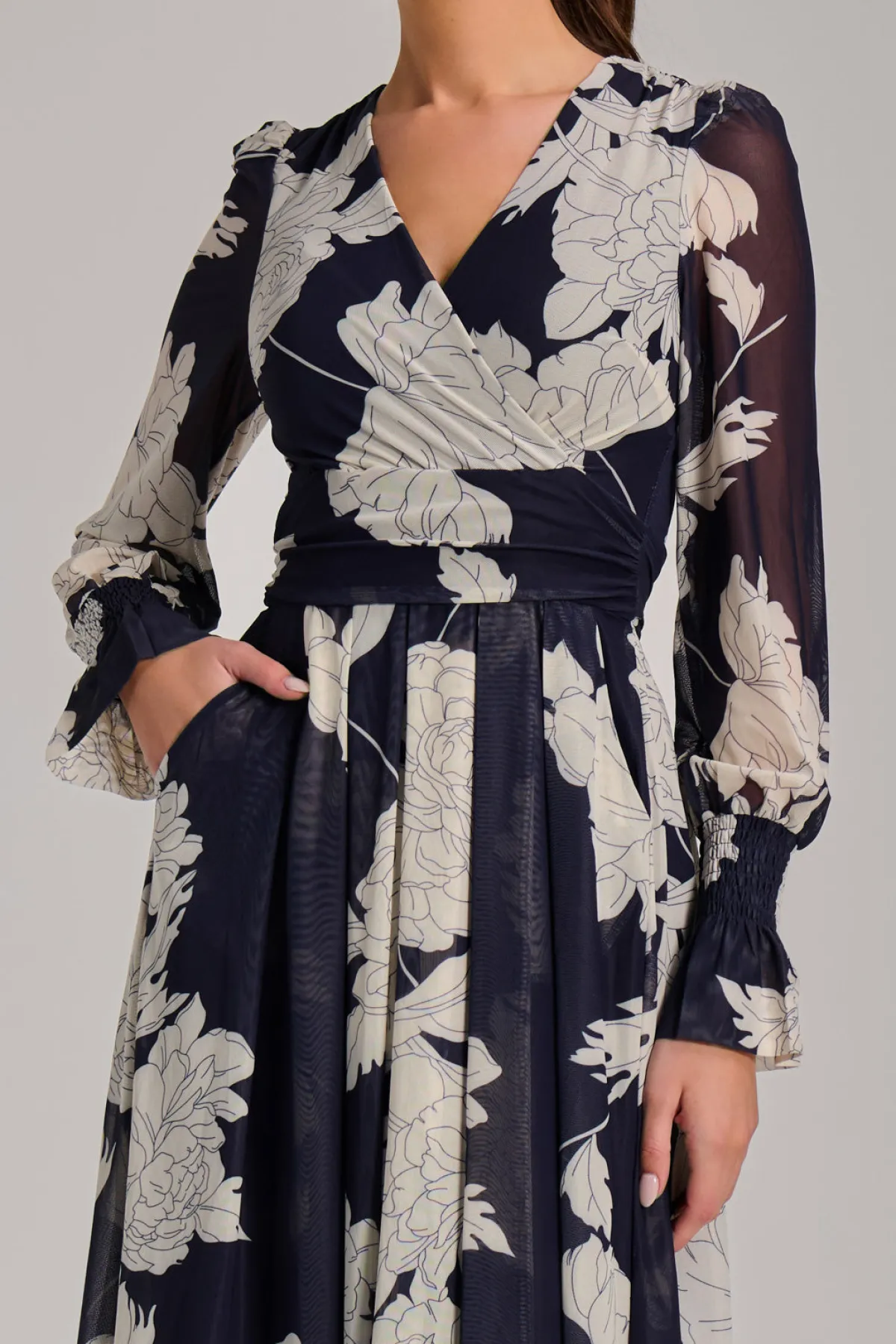Jolie Moi Occasion Dresses|Floral Dresses-Long Sleeve Printed Mesh Midi Dress, Navy Floral