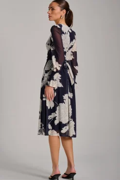 Jolie Moi Occasion Dresses|Floral Dresses-Long Sleeve Printed Mesh Midi Dress, Navy Floral