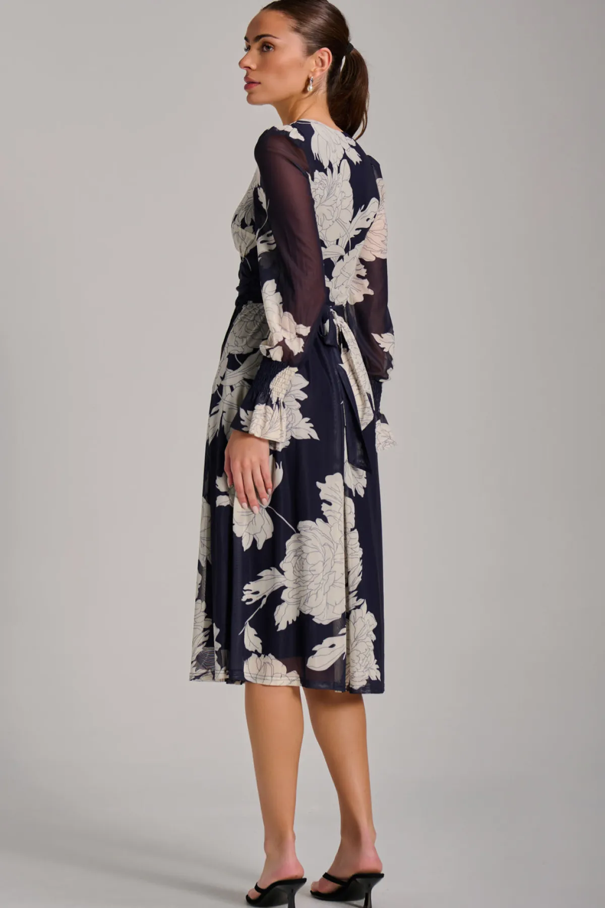 Jolie Moi Occasion Dresses|Floral Dresses-Long Sleeve Printed Mesh Midi Dress, Navy Floral
